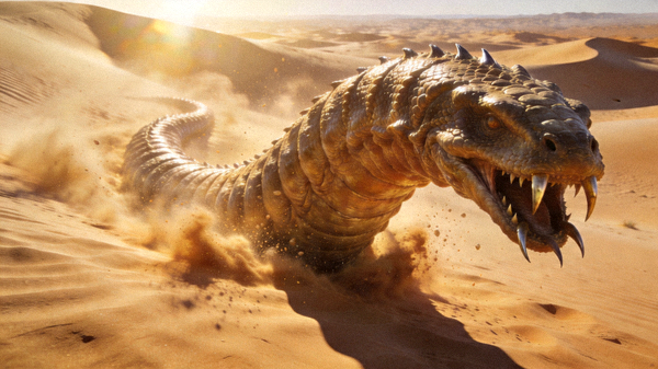 电影《沙丘》沙漠场景剧照，巨大沙虫出现